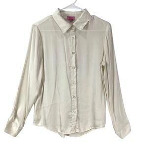 Mi Ami for Francesca's Cream Satin Button Up Collared Shirt Long Sleeve Small